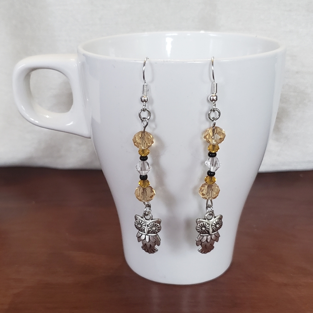 Owl Silver Earrings Gold Black & Clear Beading